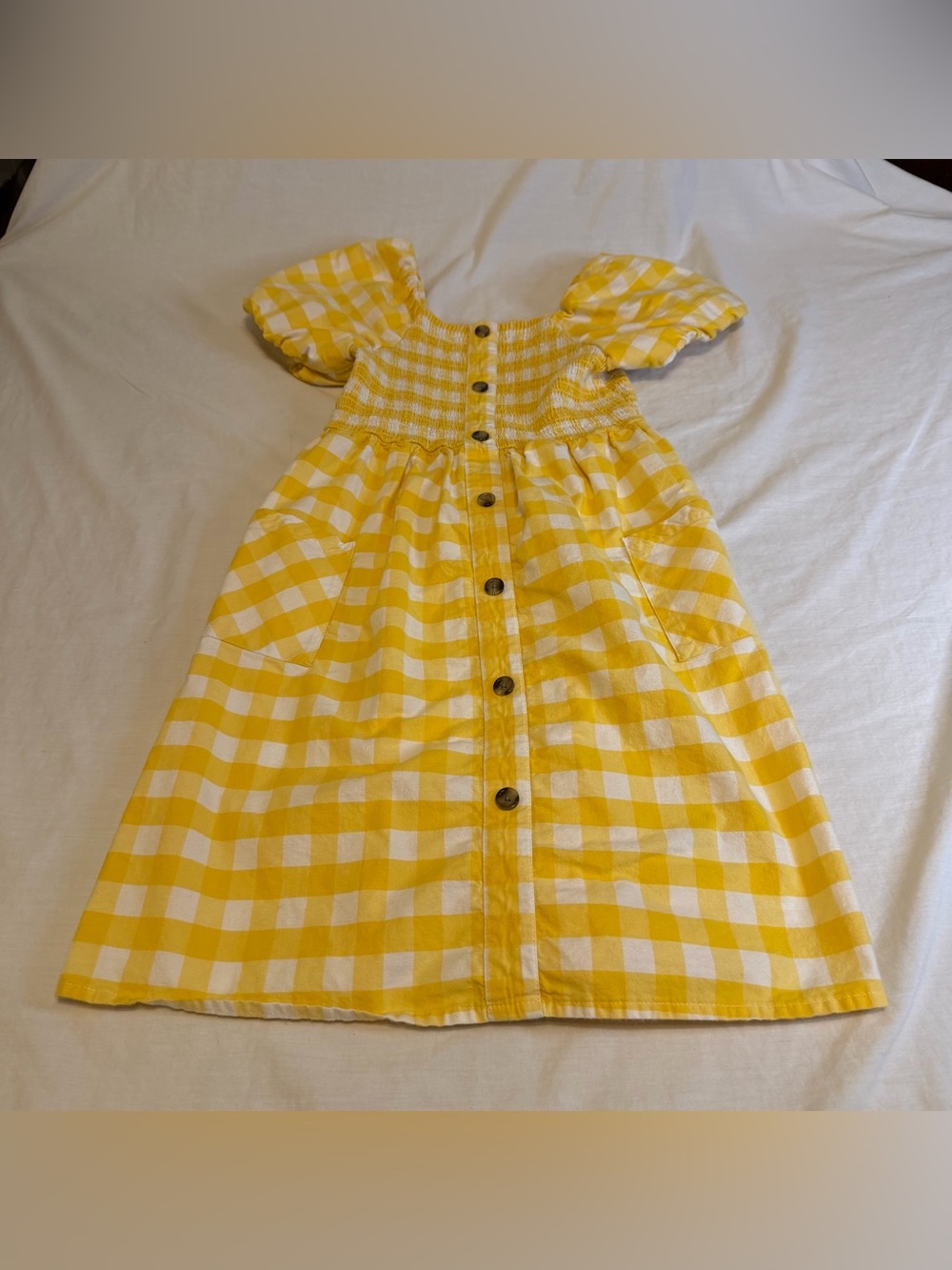 Yellow Gingham Kids Puff-Sleeve Dress Size L 10/12